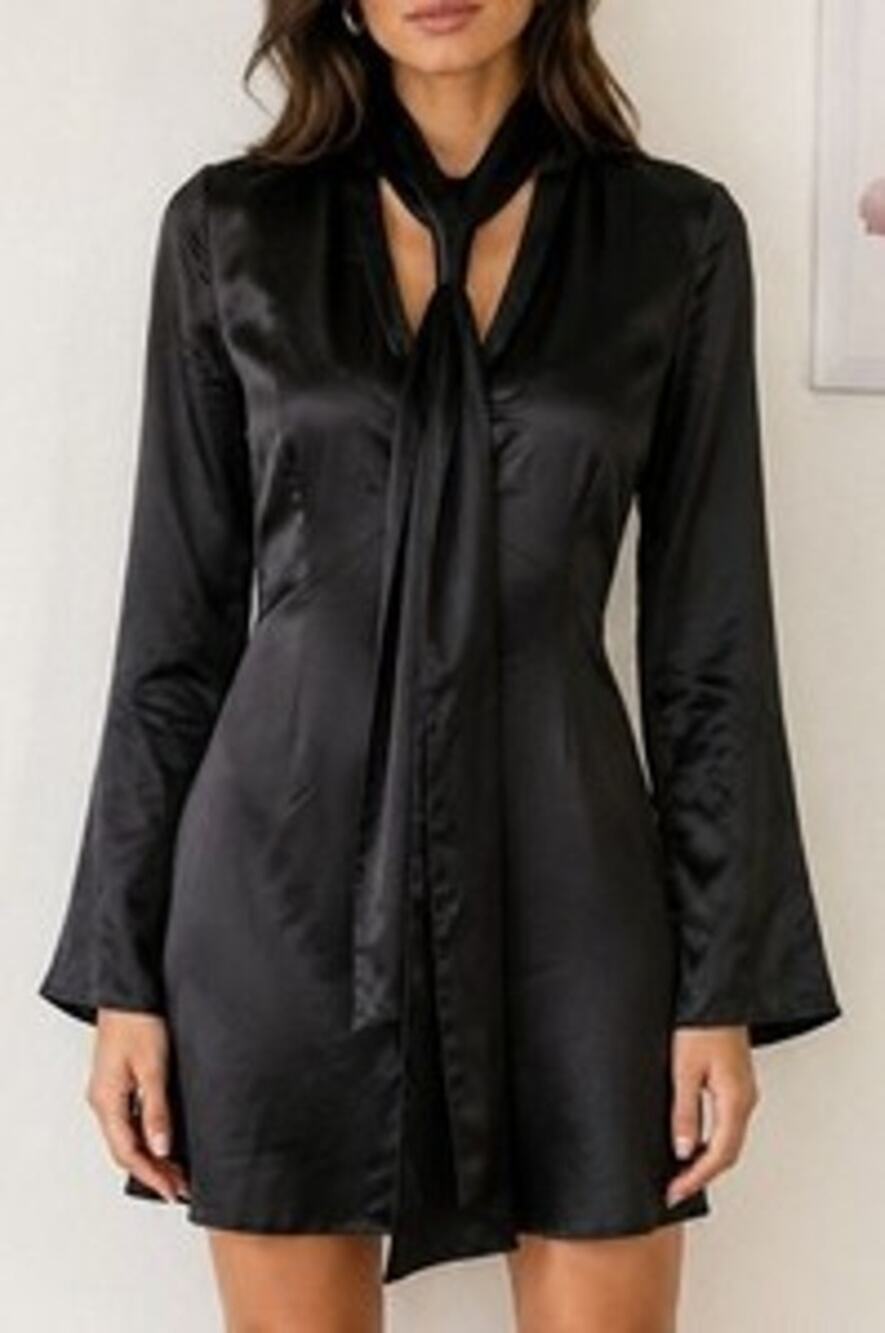 Zara Satin Effect Scarf Dress Long Sleeve Tie Chic Preppy Little Black Dress